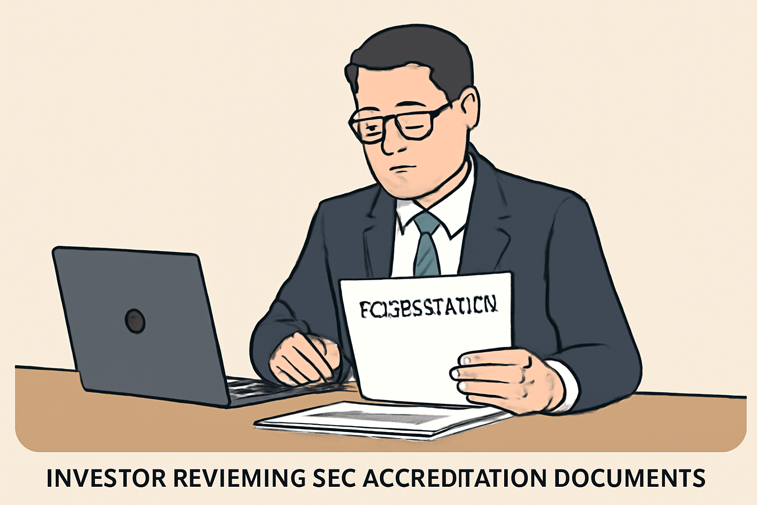 professional investor reviewing SEC accreditation documents at desk