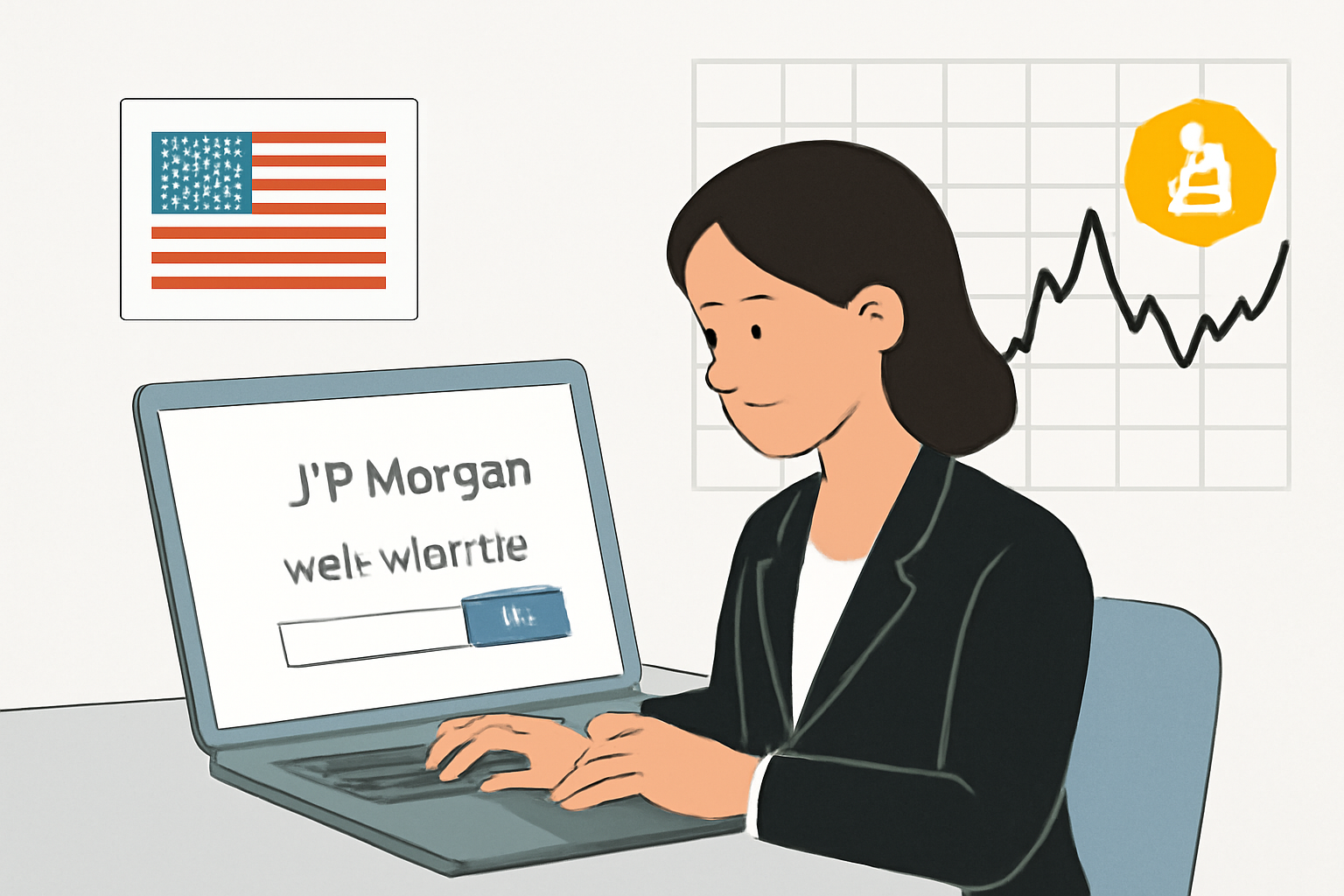 professional verifying eligibility on JPMorgan website, clean interface, US flag, bitcoin chart background