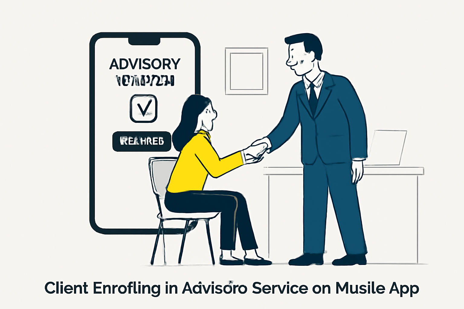 client enrolling in advisory service on mobile app, advisor handshake, professional setting