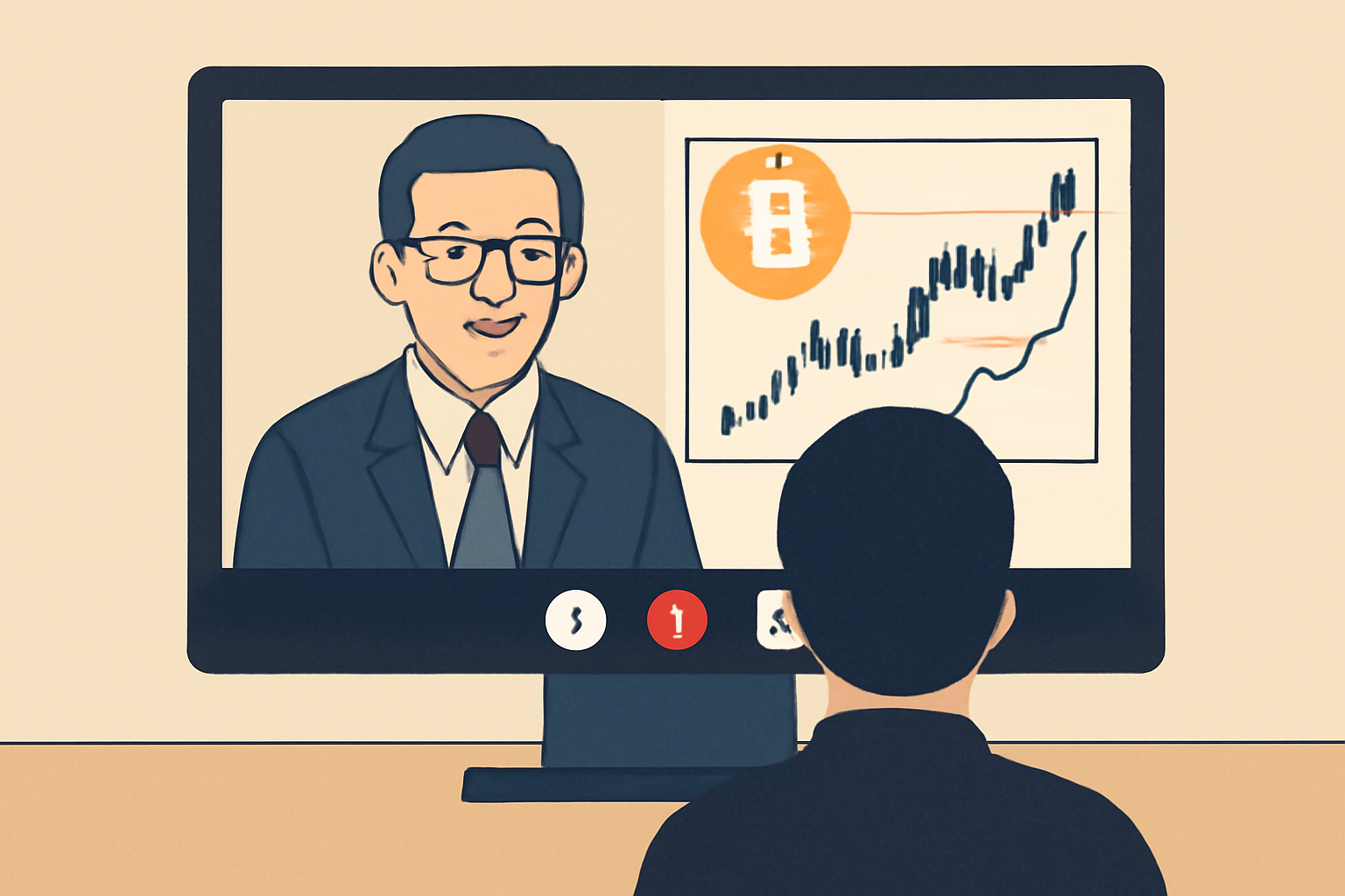 virtual meeting with financial advisor, bitcoin charts on screen, professional video call