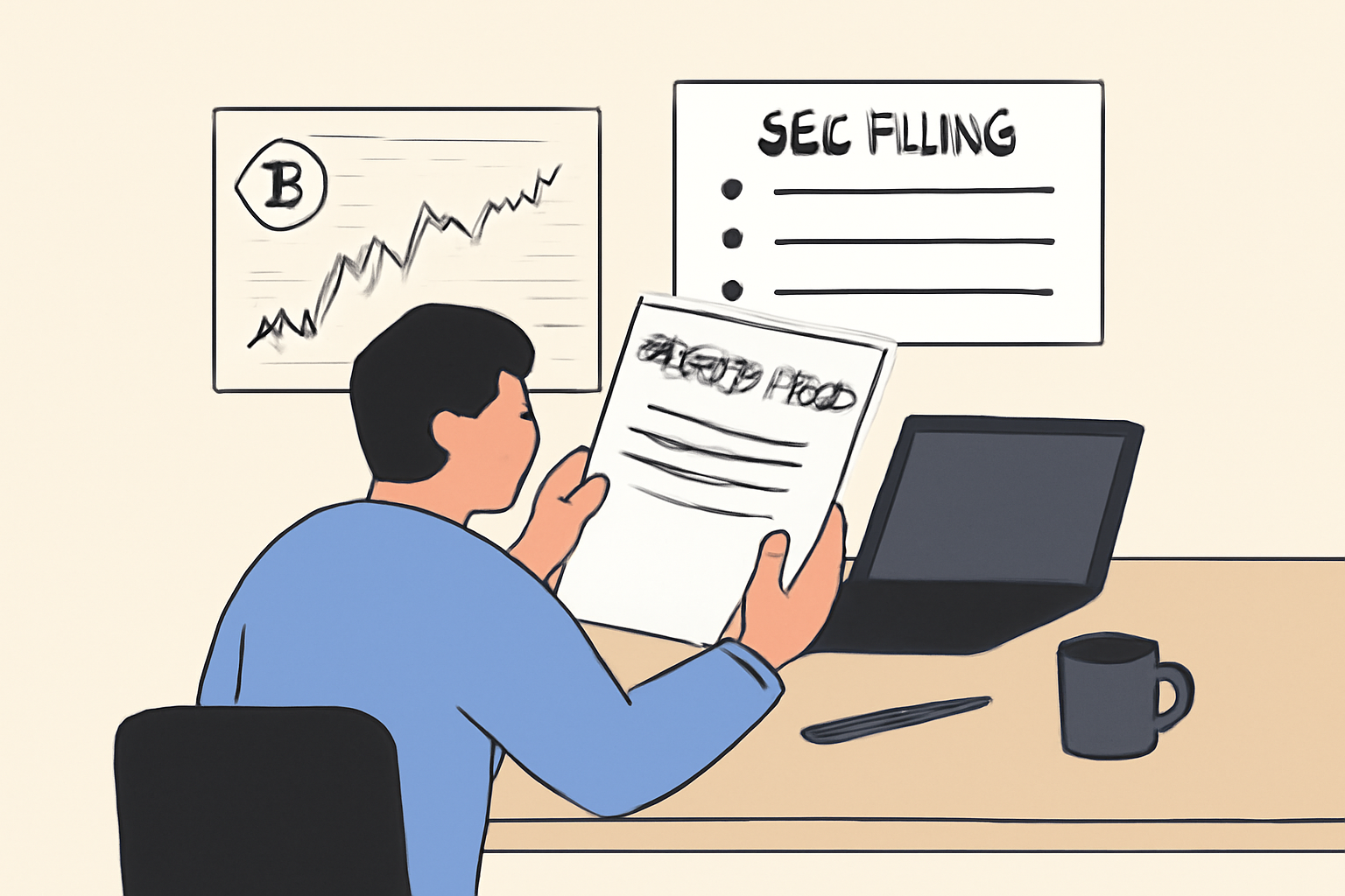 reading prospectus document, bitcoin price chart at $92k, SEC filing highlights, desk setup