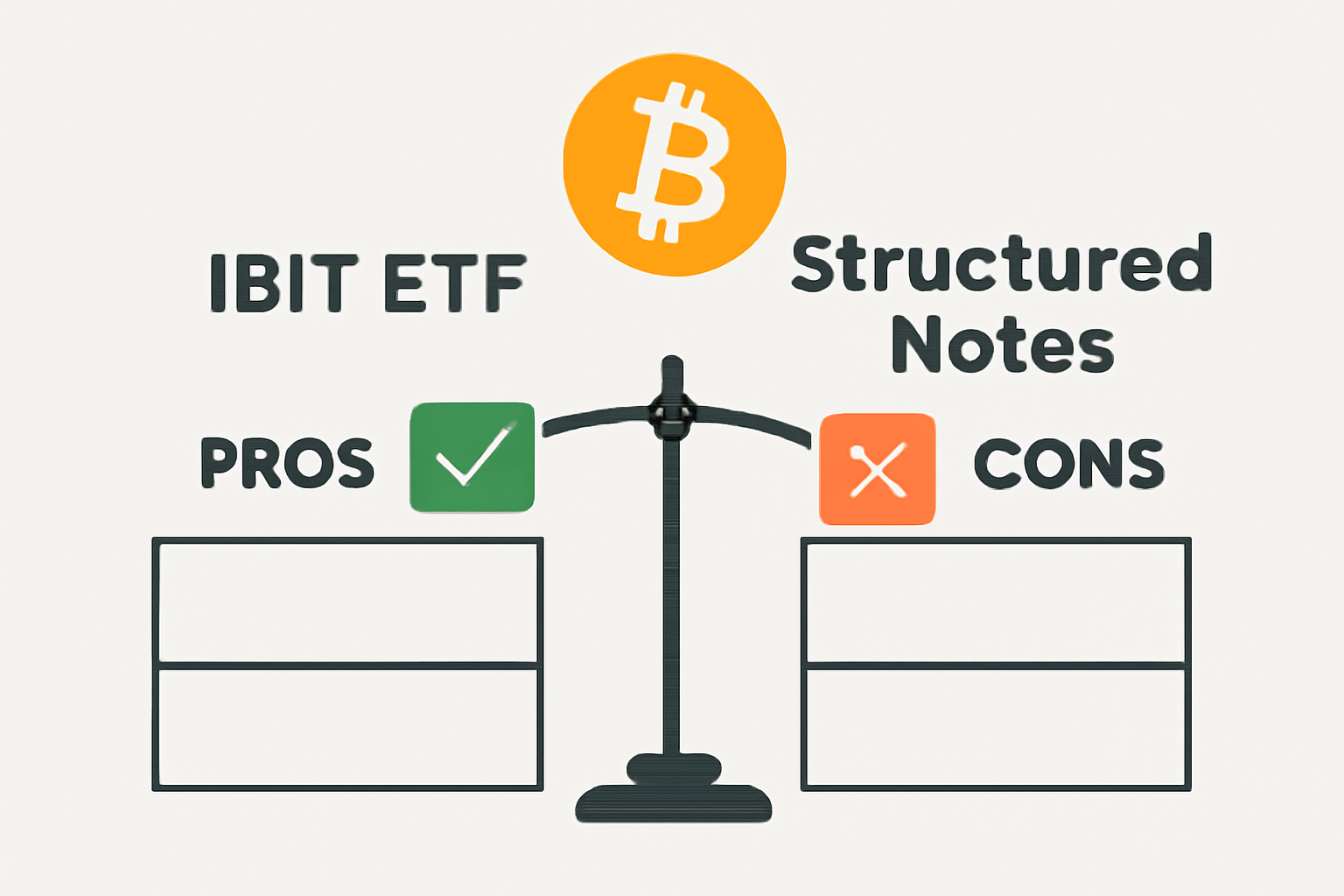 comparison chart IBIT ETF vs structured notes, bitcoin symbol, scales balancing pros cons