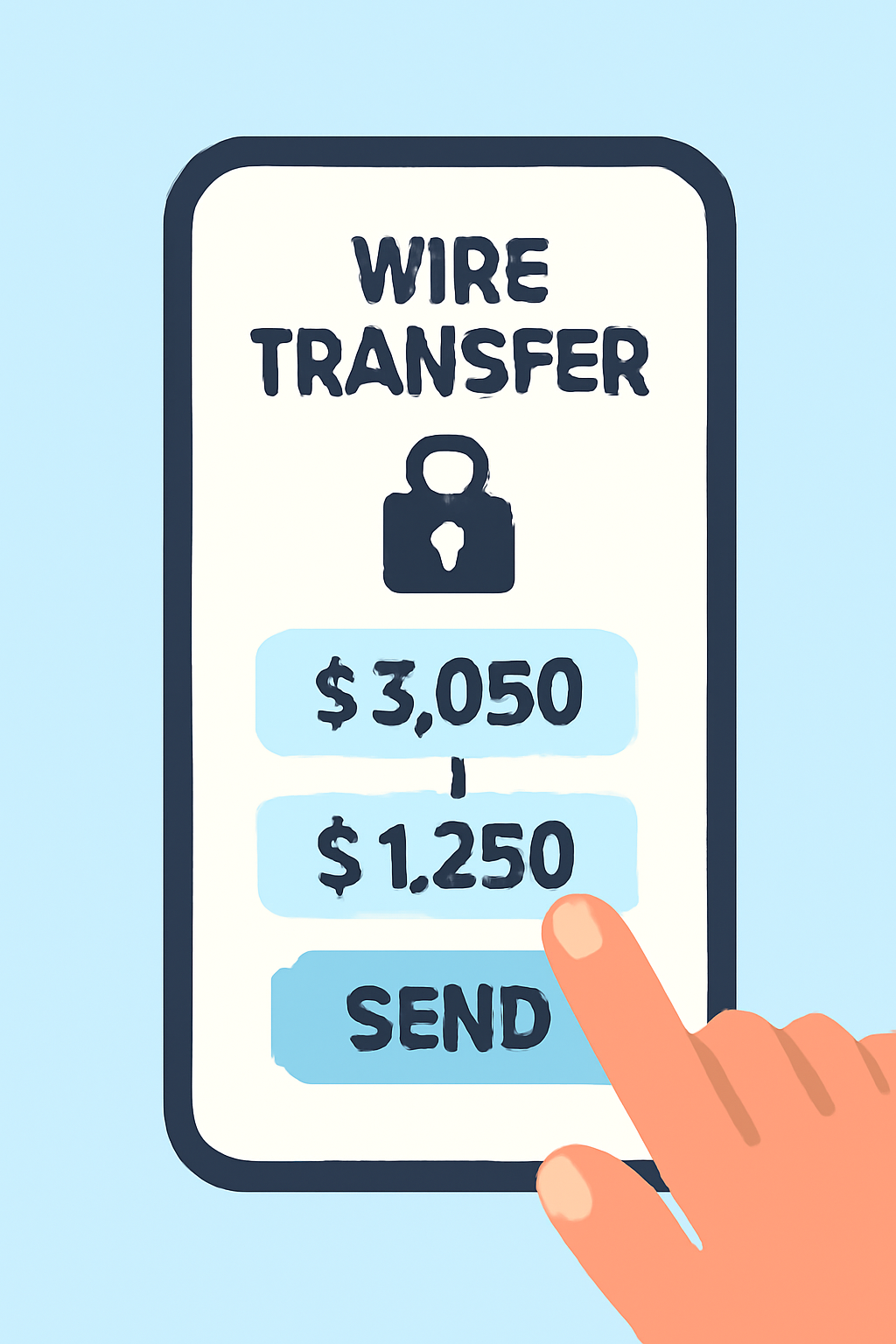 transferring funds via bank app, wire transfer screen, dollar amounts, secure lock icon