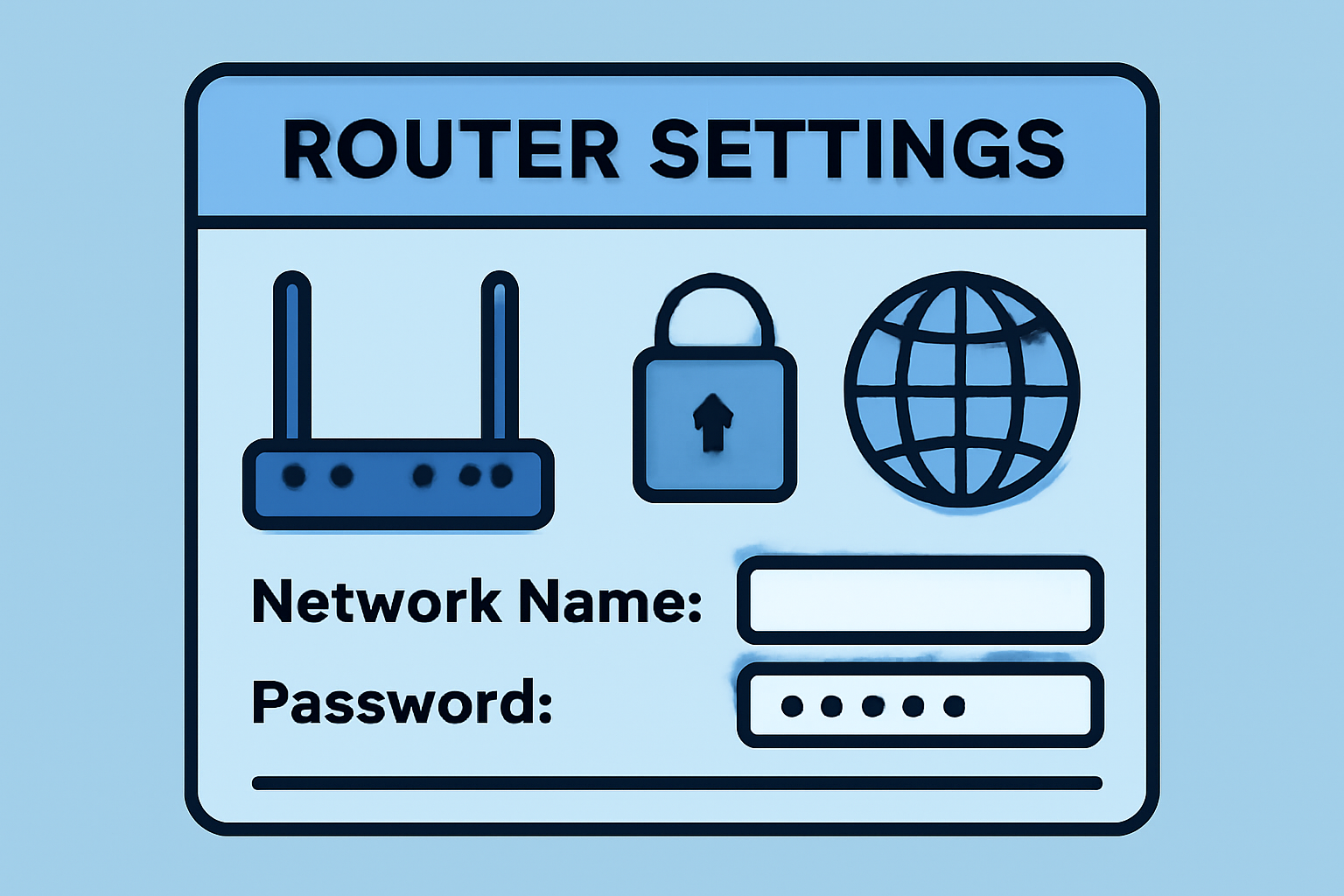 A close-up of router settings on a screen, with a secure lock icon and a globe representing global connectivity, precise and technical style