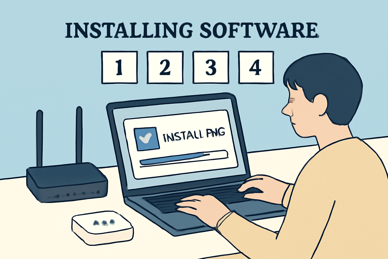 A person installing software on a laptop with a Wi-Fi router and a Roam device on the desk, step-by-step setup visuals, educational tone