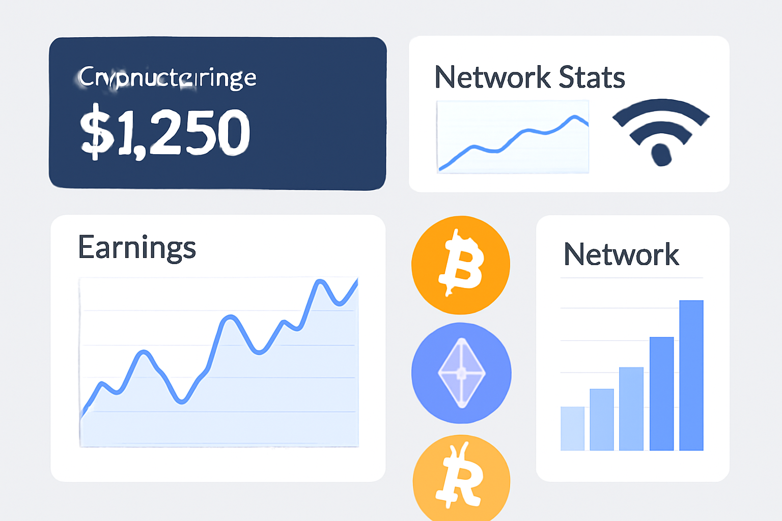 A dashboard showing crypto earnings and network stats, with graphs, token icons, and a Wi-Fi symbol, analytical and educational style