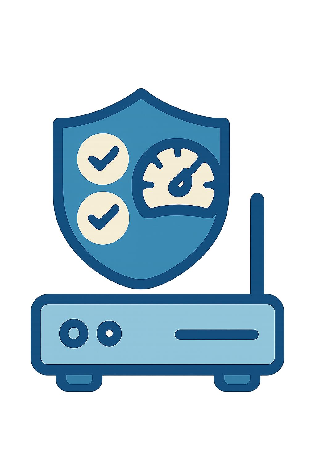 A shield icon overlaying a router, with compliance checkmarks and a speedometer gauge, educational and secure vibe