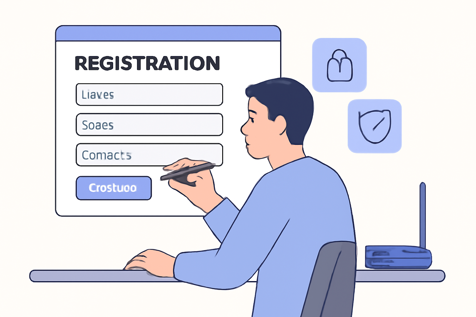 A user filling out a registration form on a modern website, with authentication icons and a Wi-Fi router nearby, precise and clear style