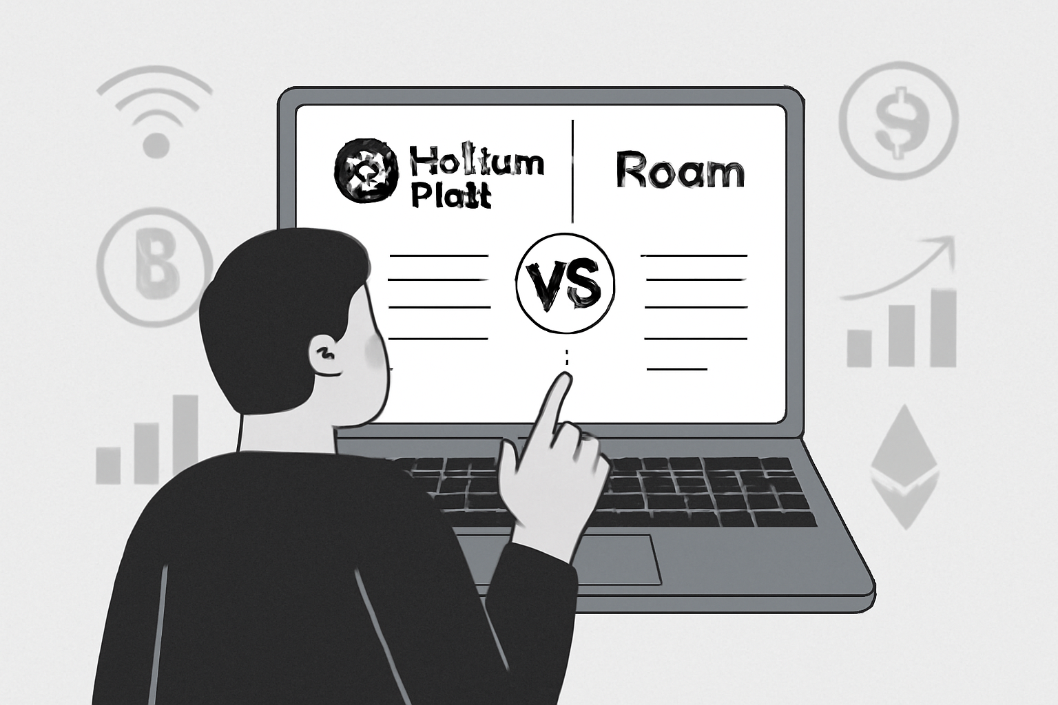A person comparing Helium Plus and Roam platforms on a laptop, with Wi-Fi icons and crypto symbols in the background, analytical and educational style