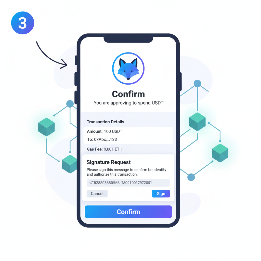 MetaMask transaction approval screen for USDT transfer, signature prompt, blockchain graphic