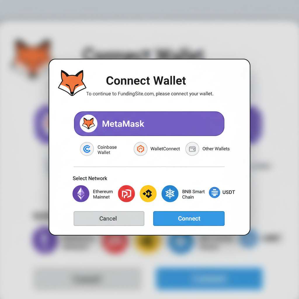 wallet connection interface, MetaMask popup linking to funding site, icons of chains and USDT