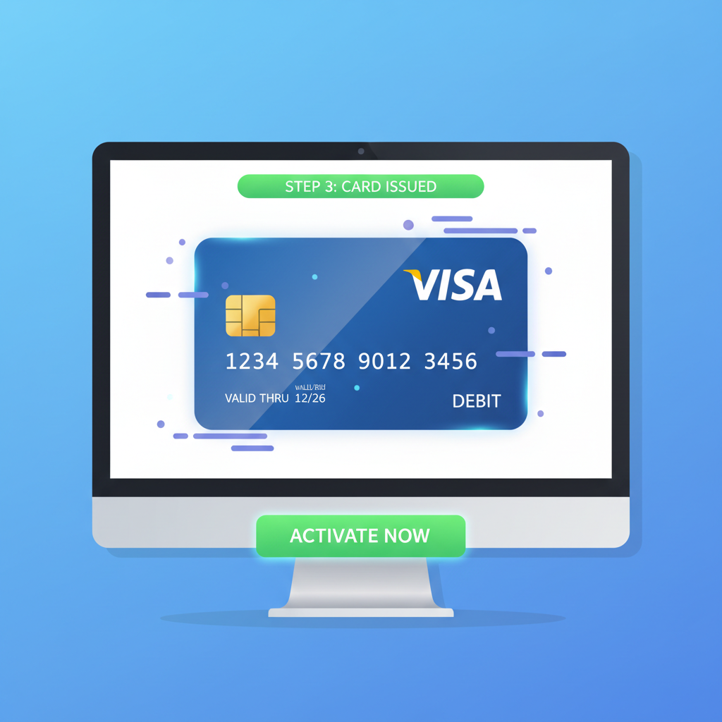 illustration of virtual Visa debit card being issued on screen, shiny plastic card with chip, digital glow