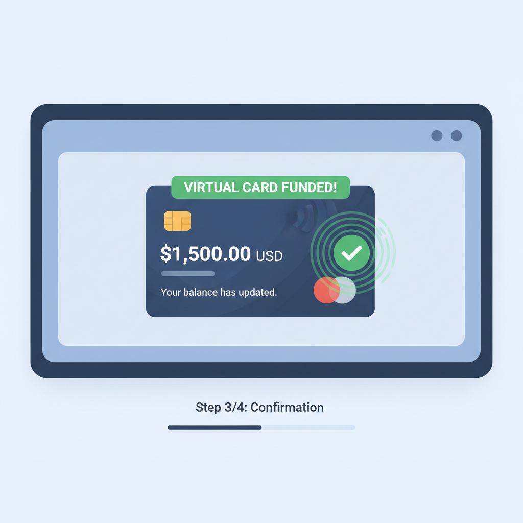 dashboard showing updated USD balance on virtual card after funding, green checkmark, success animation