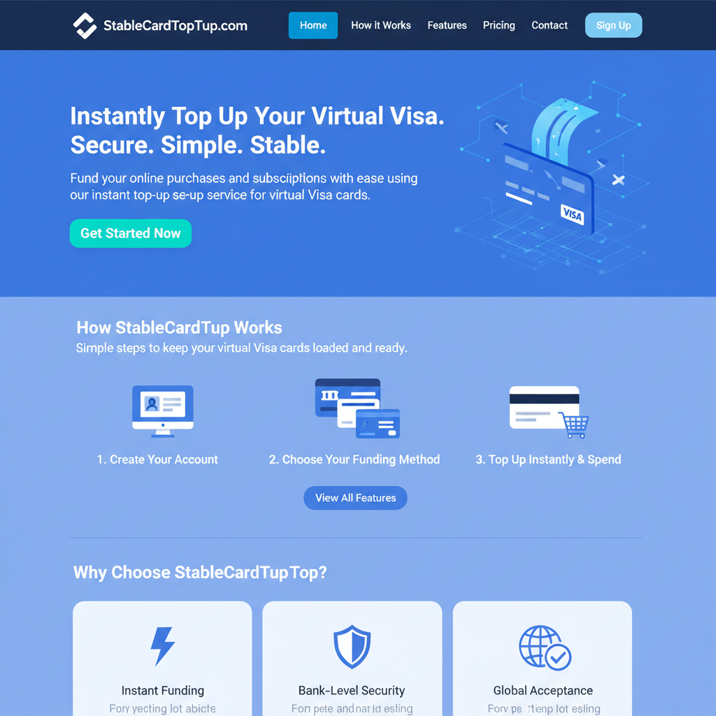 clean website homepage for StableCardTopUp.com with virtual visa card funding options, modern UI, blue tones