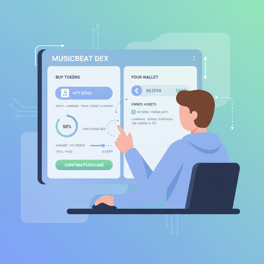 user buying fractional music royalty tokens on sleek DEX interface
