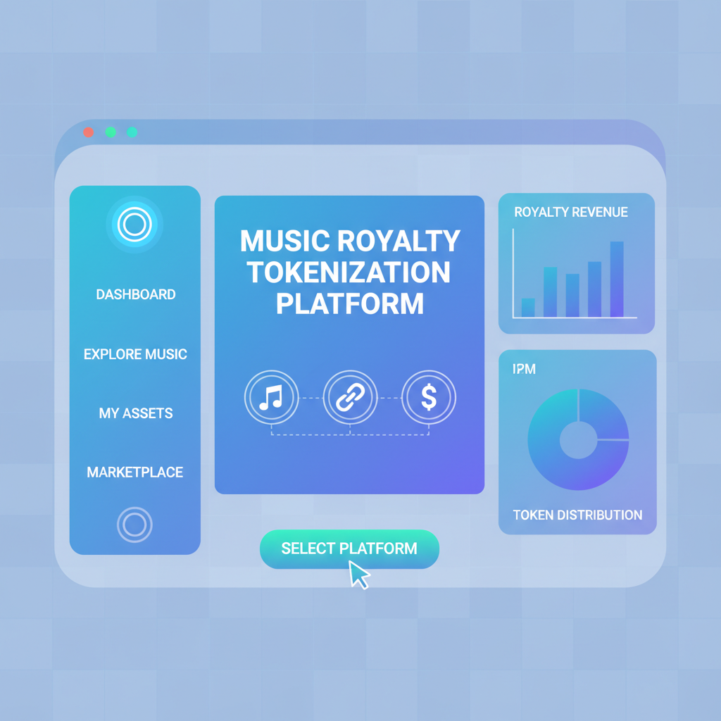 futuristic interface selecting music royalty tokenization platform dashboard