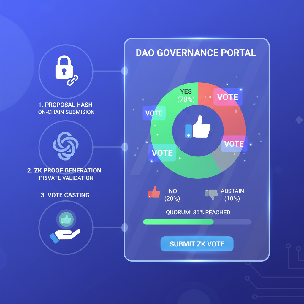 DAO governance dashboard integrating ZK proofs, on-chain hash submission, vibrant holographic votes