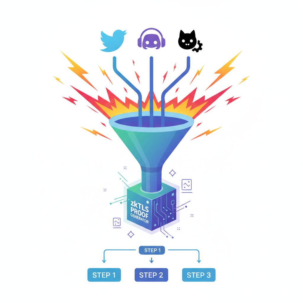 multi-platform icons (Twitter Discord GitHub) funneling into zkTLS proof generator, explosive energy