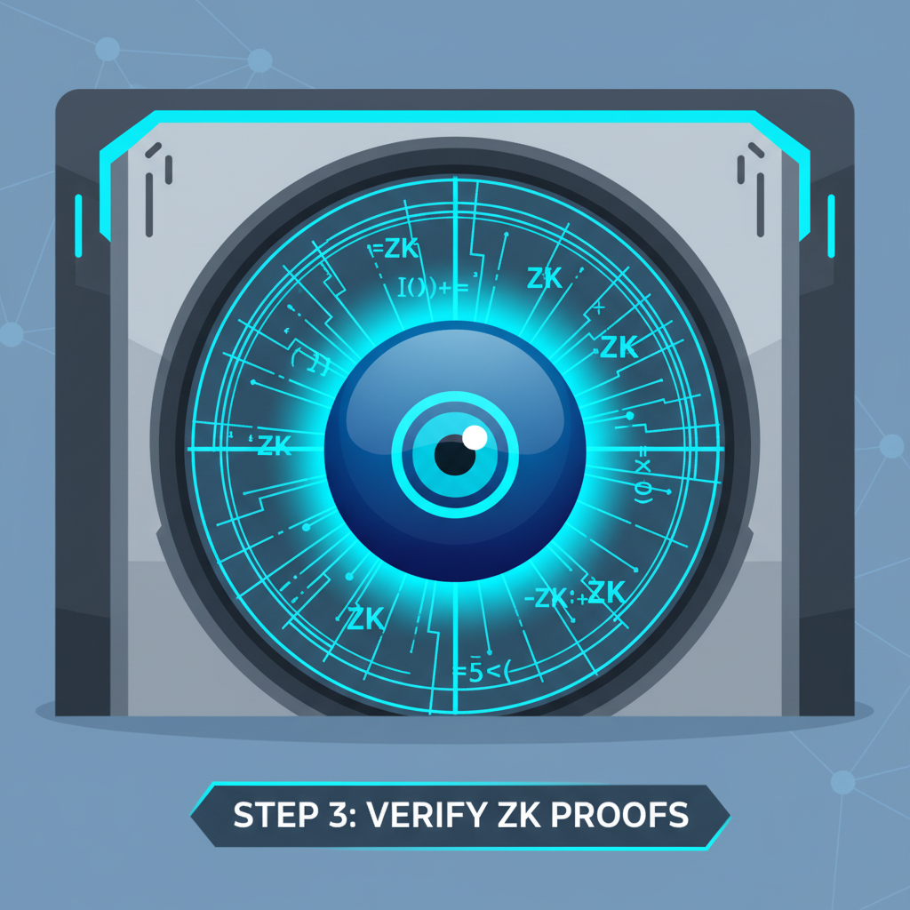 Cyfrin Orb eye scanner device pulsing with ZK proofs, high-tech DAO vault, intense blue glow