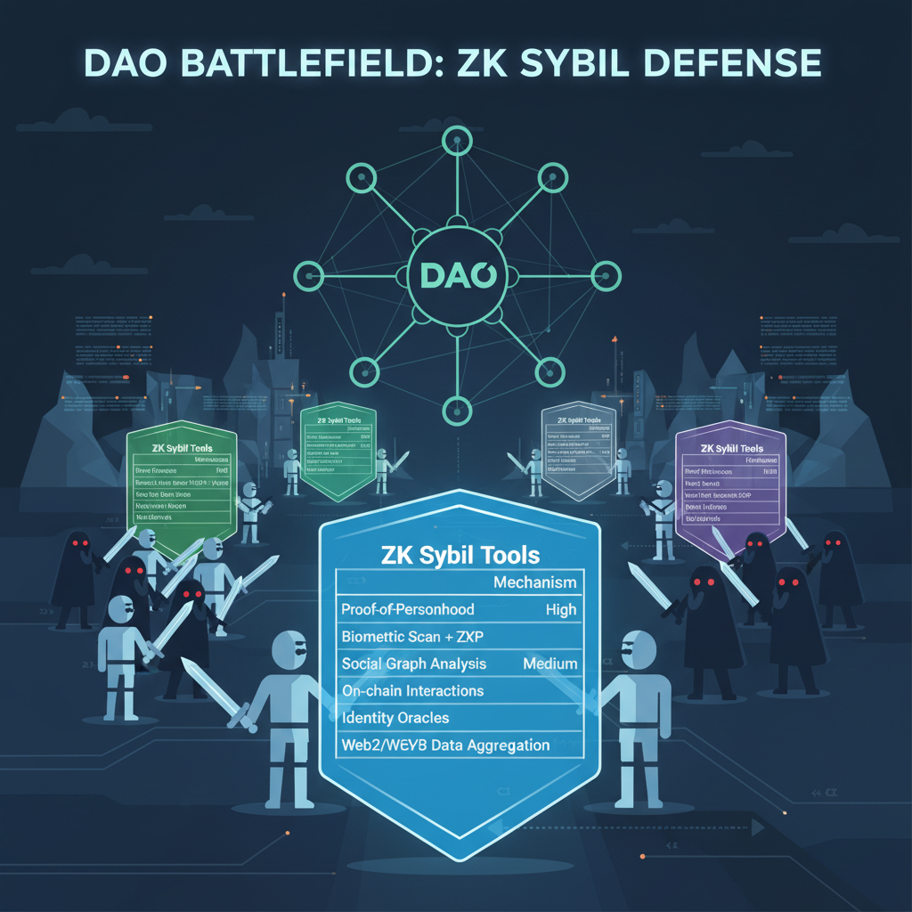 comparison table of ZK Sybil tools as holographic shields, DAO battlefield overview