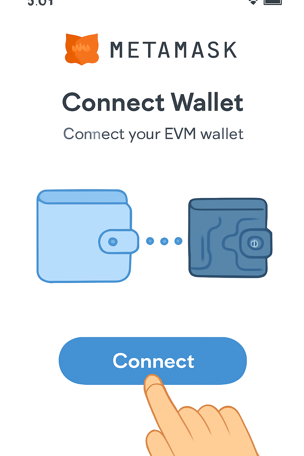 MetaMask app interface connecting EVM wallet, simple button tap, futuristic wallet icons linking