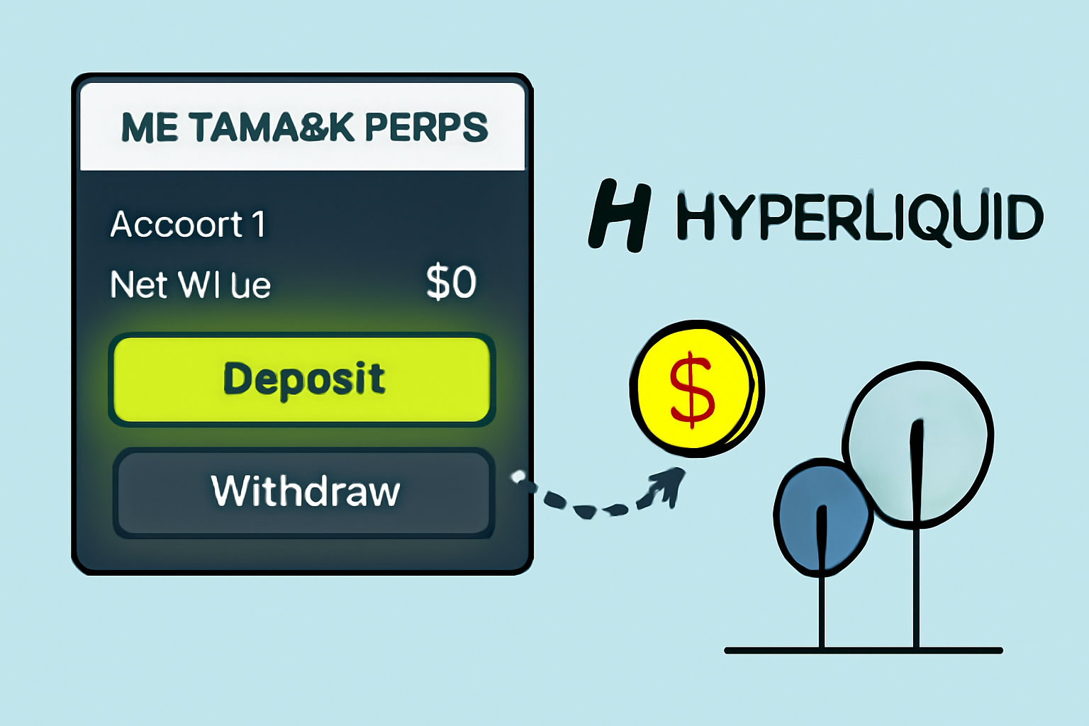 MetaMask Perps screen with one-click deposit button glowing, Hyperliquid logo, smooth fund flow animation
