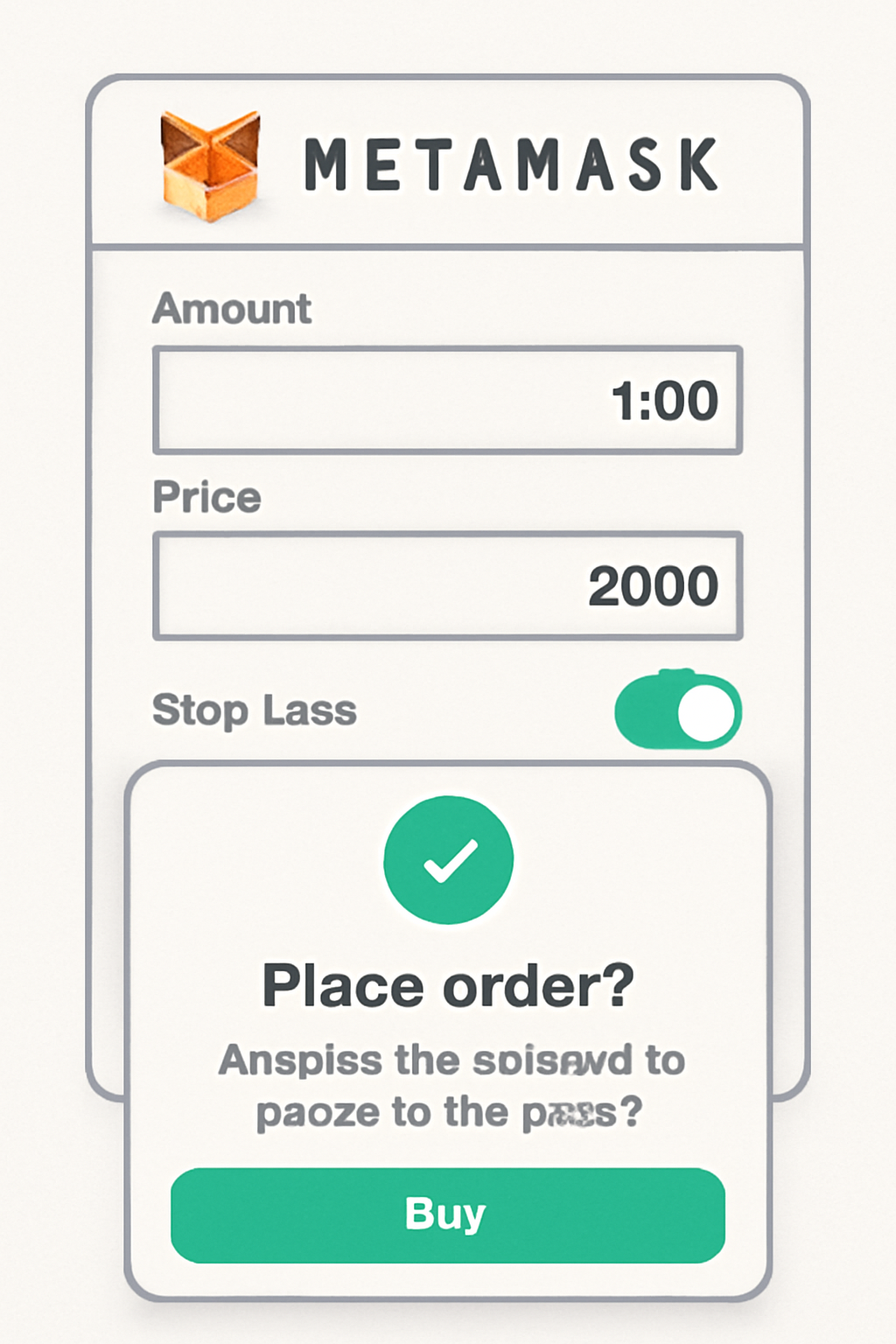 MetaMask order placement screen with stop-loss toggle, confirmation popup, green buy button