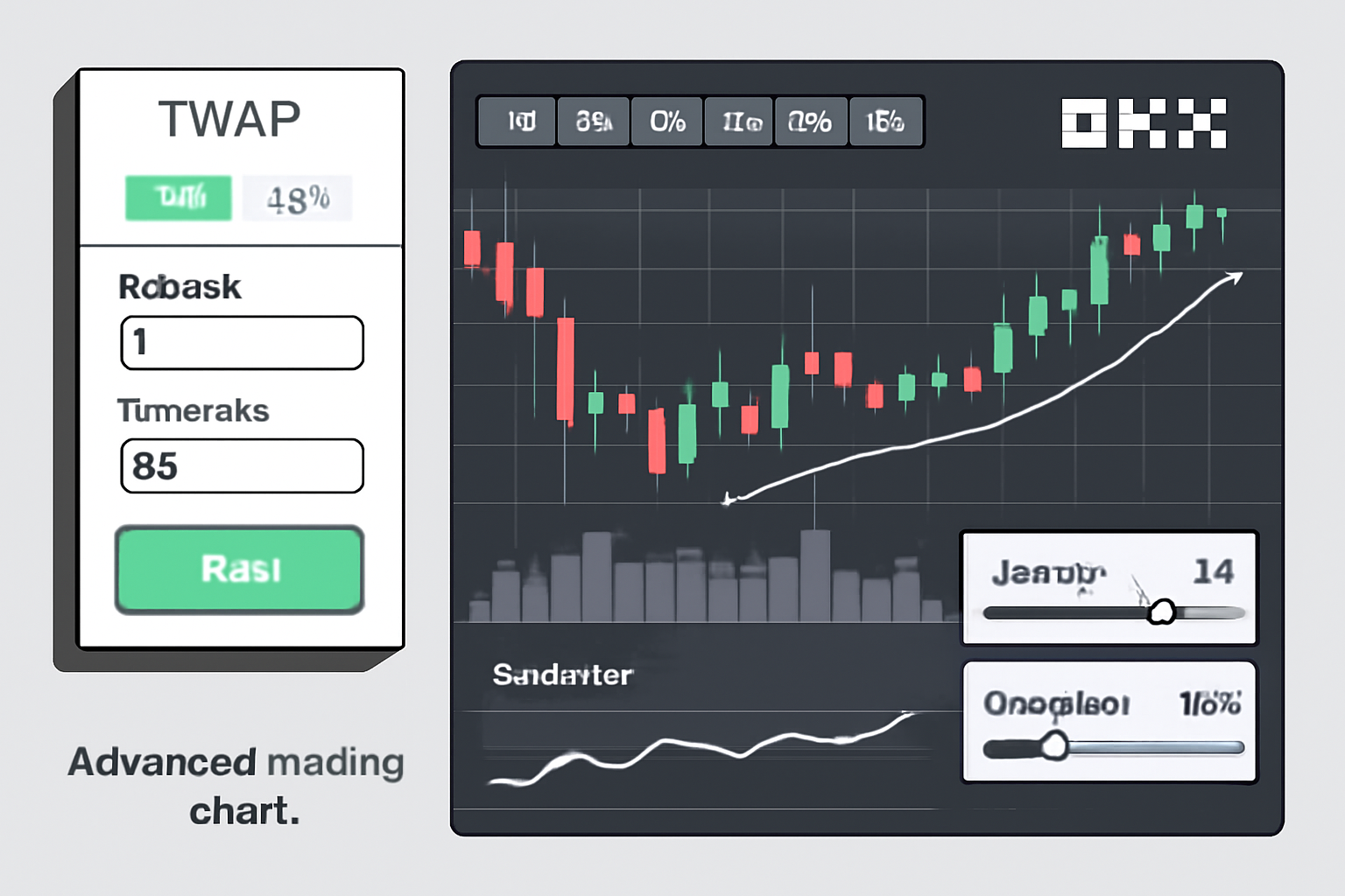 advanced trading chart with TWAP order panel, OKX exchange interface, graphs and leverage sliders