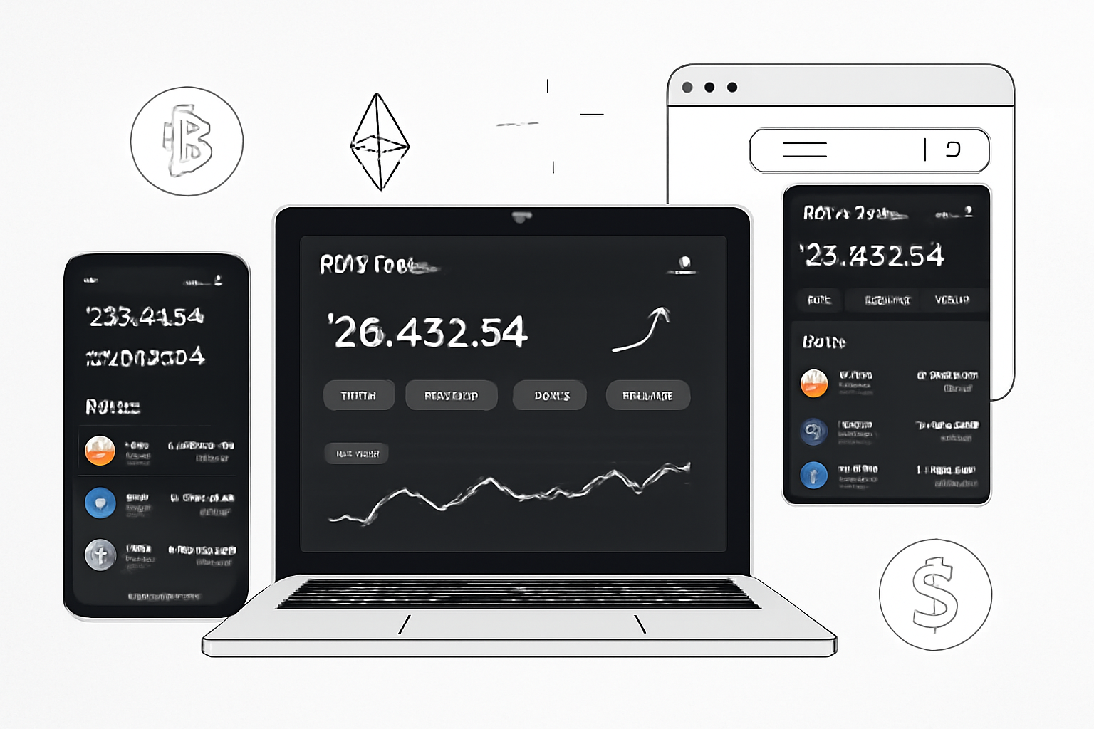 sleek OKX wallet app on phone, laptop, browser extension, futuristic crypto interface, clean design