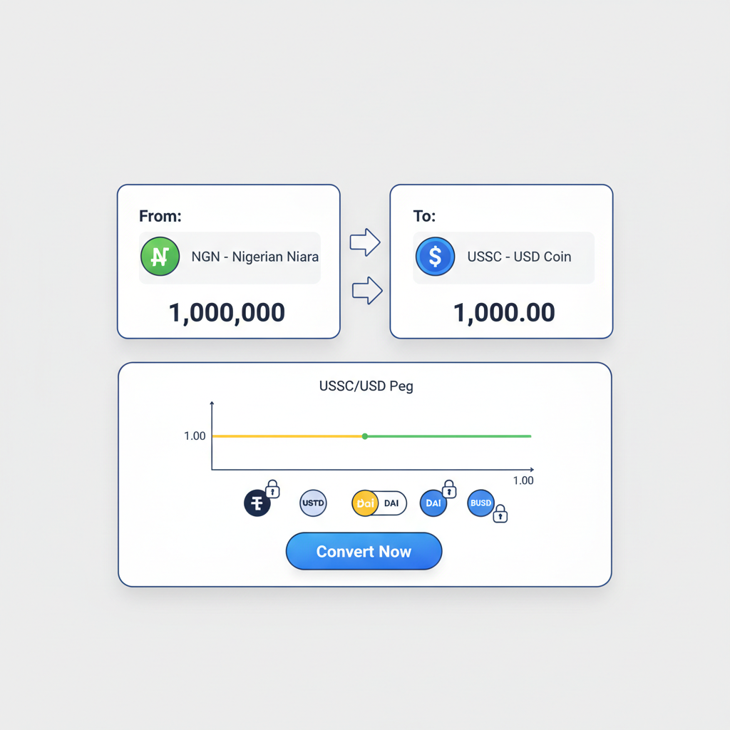 currency conversion interface, Naira to USDC, charts showing $1.00 peg, stablecoin icons