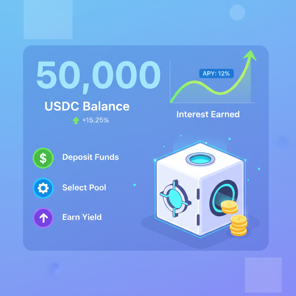 yield dashboard with growing USDC balance, interest graphs rising, futuristic savings vault
