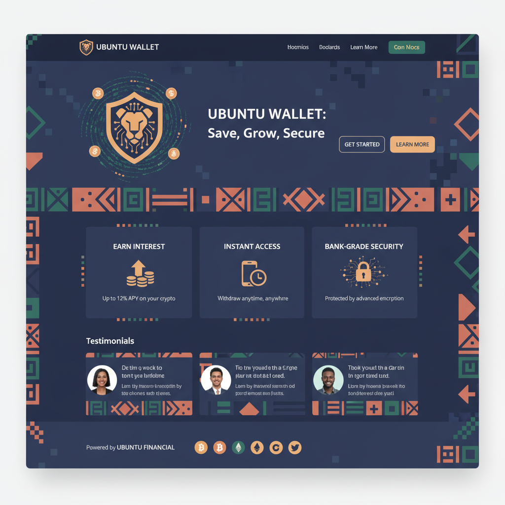 modern crypto savings website homepage, clean UI, African motifs, secure login screen