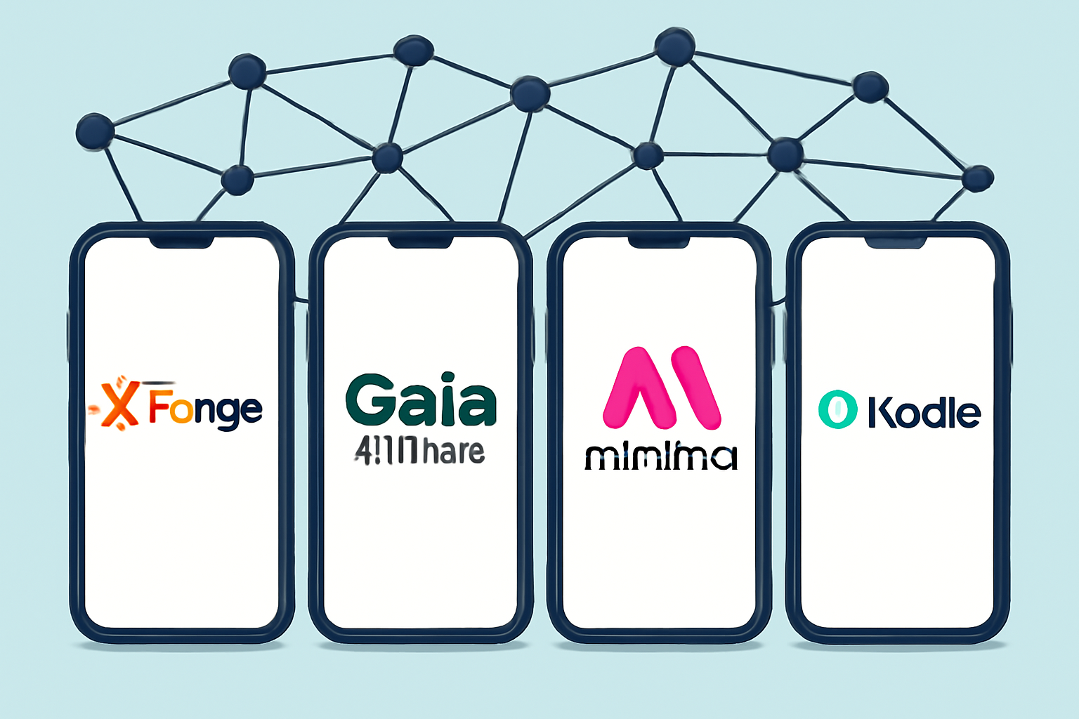 A selection of modern smartphones displaying logos of XForge, Gaia AI Phone, Minima, and Nodle, with a decentralized network map in the background.