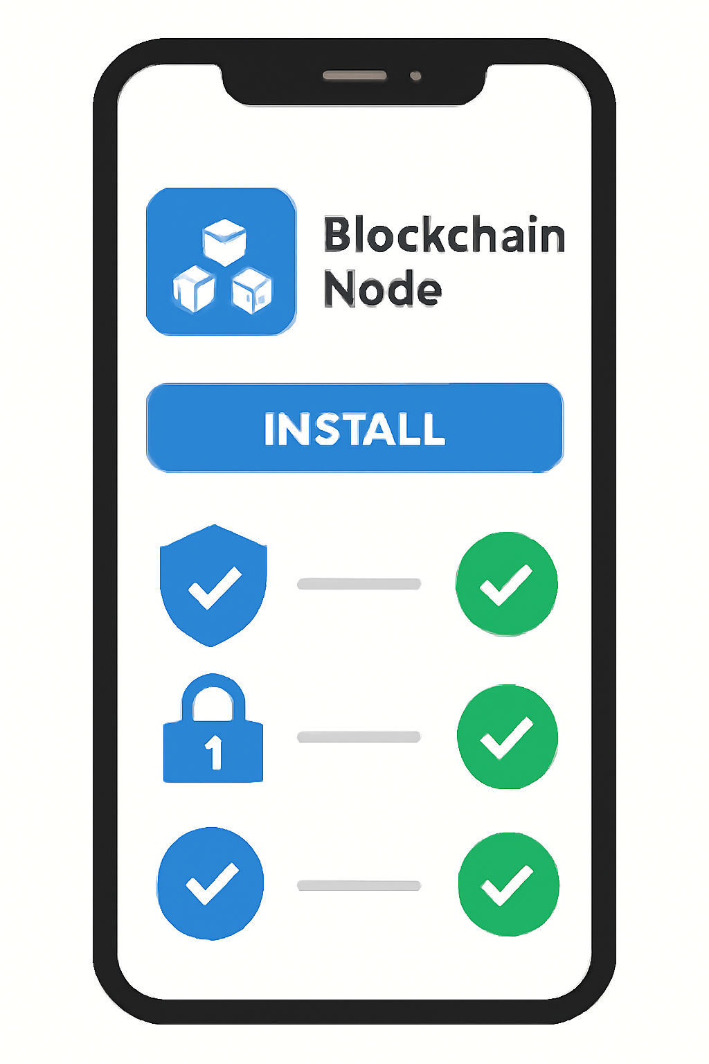 A smartphone screen showing the installation of a blockchain node app from an official app store, with security icons and verification checkmarks.
