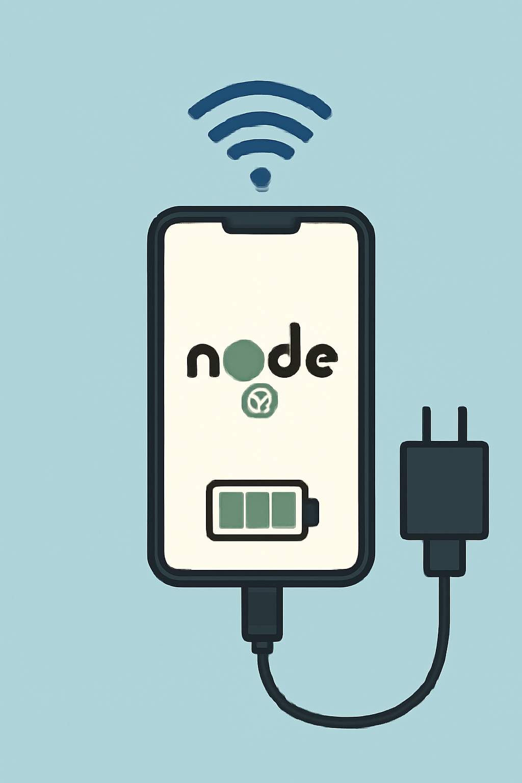 A smartphone plugged into a charger with Wi-Fi signals and a running node app in the background, emphasizing connectivity and battery.