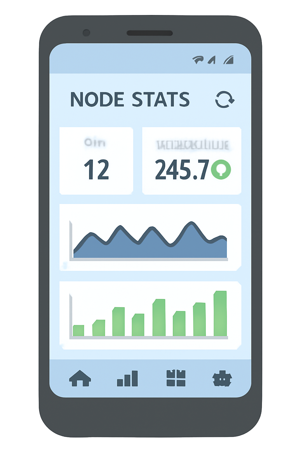 A smartphone dashboard displaying real-time node statistics, token rewards, and performance graphs, with notification icons.