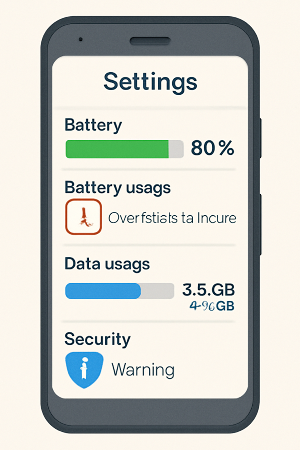 A smartphone settings screen showing battery and data usage statistics, with security shield icons and warning notifications.