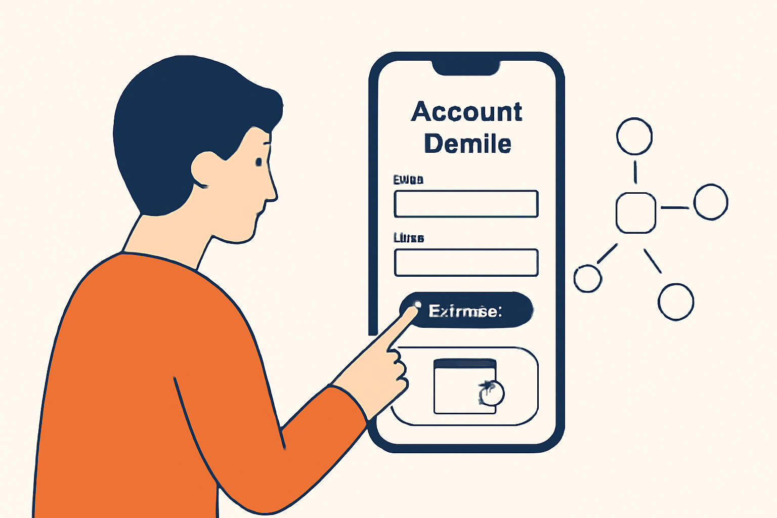 A user interacting with a smartphone app, entering account details and connecting a crypto wallet, with visual cues for node setup.