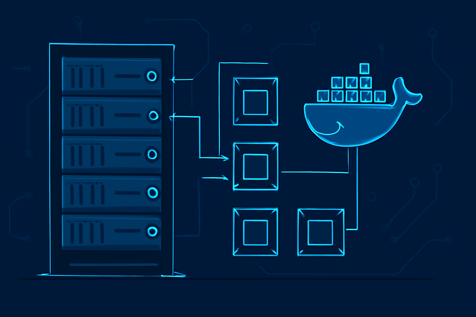 modern server rack in data center deploying Docker containers, blue neon lights, tech diagram