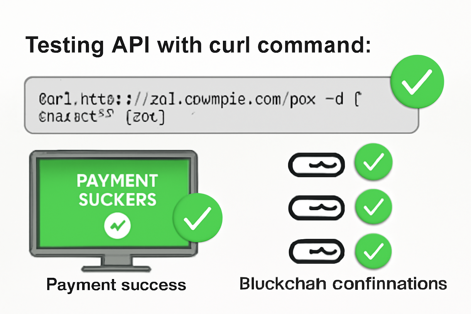 testing API with curl command, payment success screen, green checkmarks and blockchain confirmations