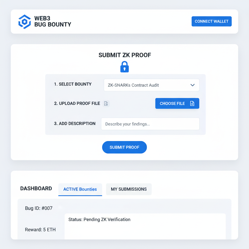 modern Web3 dapp UI submitting ZK proof bug bounty dashboard