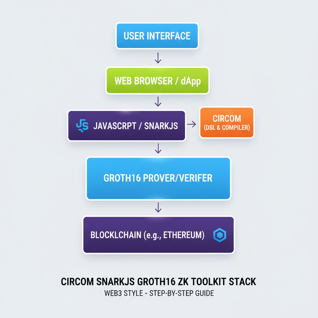 sleek diagram of Circom SnarkJS Groth16 ZK toolkit stack web3 style