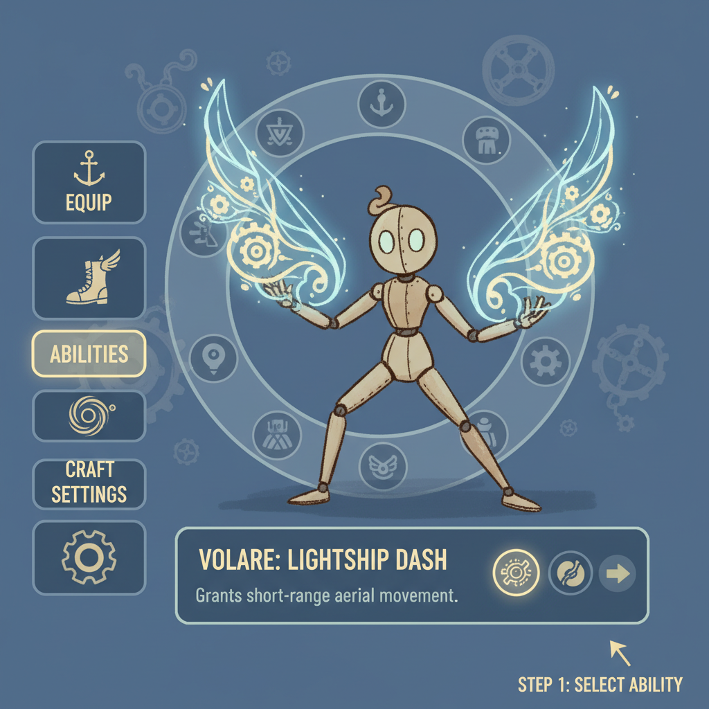 Forgotlings game, Fig as posing doll equipping lightship Volare abilities on menu screen, hand-drawn animation style, cinematic