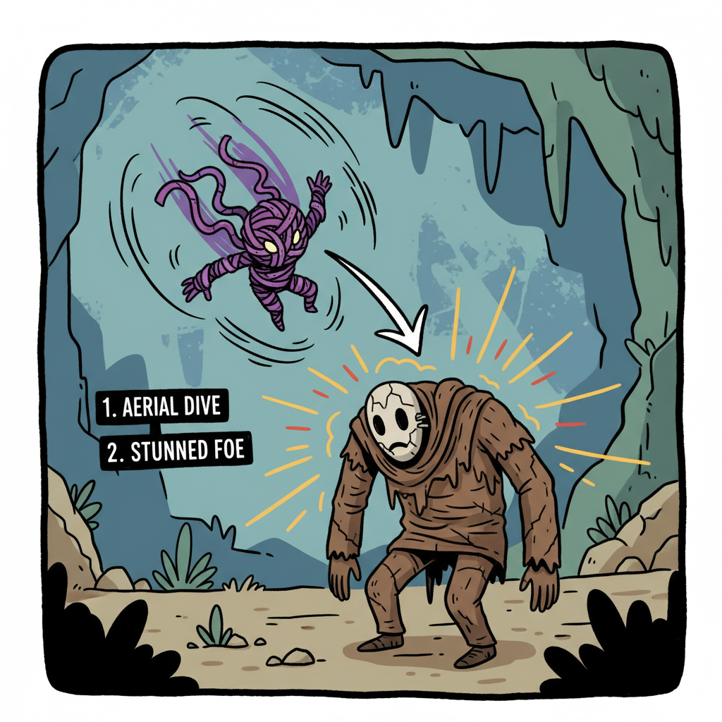 Forgotlings combat, Fig performing aerial dive attack on stunned enemy, dynamic motion, hand-drawn cinematic adventure