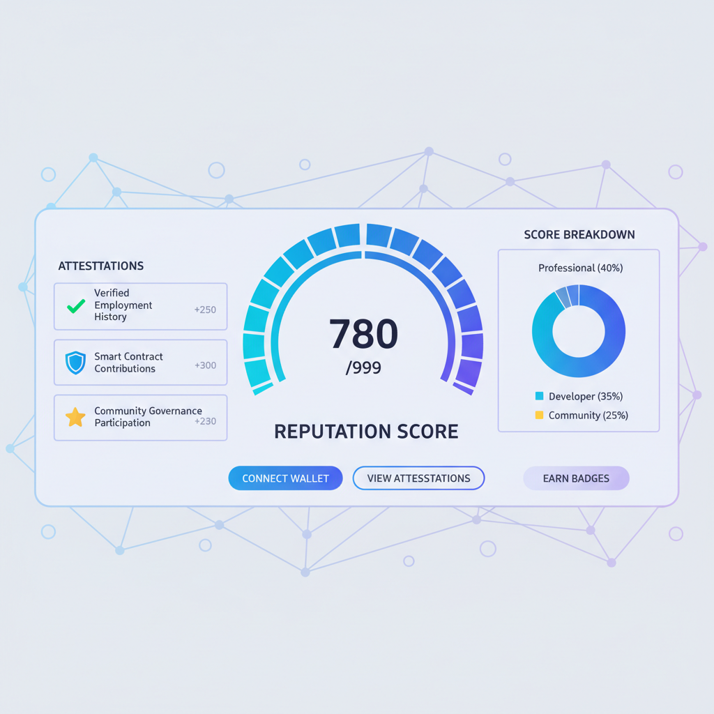 on-chain reputation score dashboard aggregating attestations, futuristic score meter