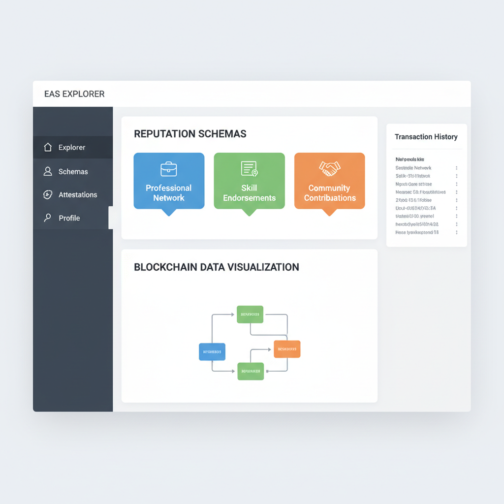 EAS explorer interface showing reputation schemas, blockchain data visualization, clean UI