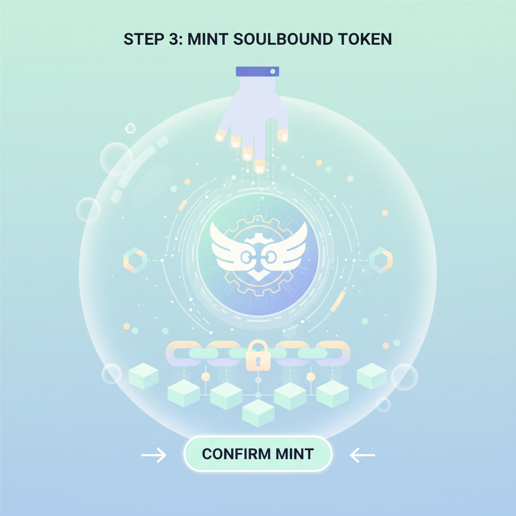 minting soulbound token NFT, ethereal non-transferable badge, blockchain mint animation