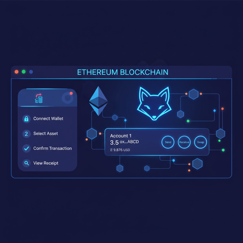 sleek metamask wallet interface on ethereum blockchain, futuristic dashboard, neon blues
