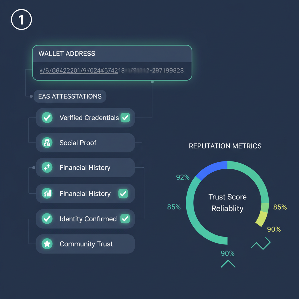 wallet address with glowing EAS attestations list, reputation metrics chart