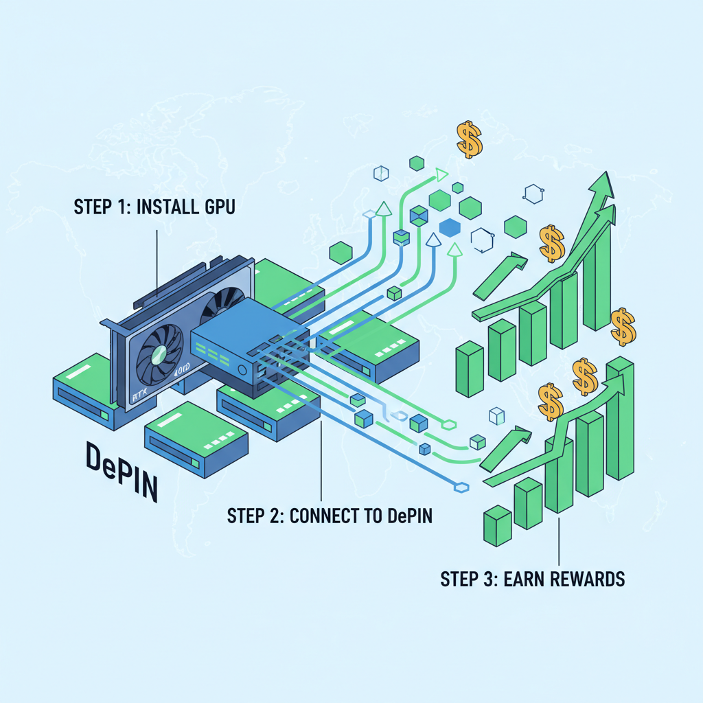 RTX 4090 in server rack connected to DePIN network, dollar signs and graphs rising, futuristic data flow